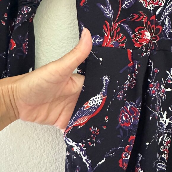 Anthropologie Maeve Espoir Jumpsuit V Neck Floral Bird Print 3/4 Bell Sleeve Mul - Picture 9 of 15